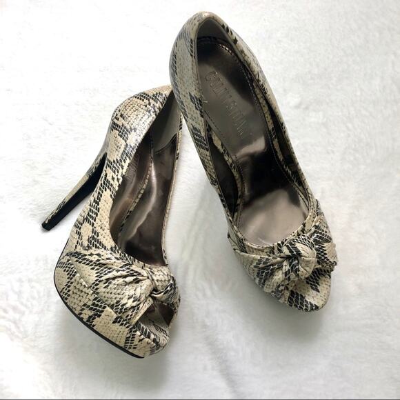Colin Stuart snake print peep toe heels bow pumps size 7.5 NWOB - Picture 3 of 7